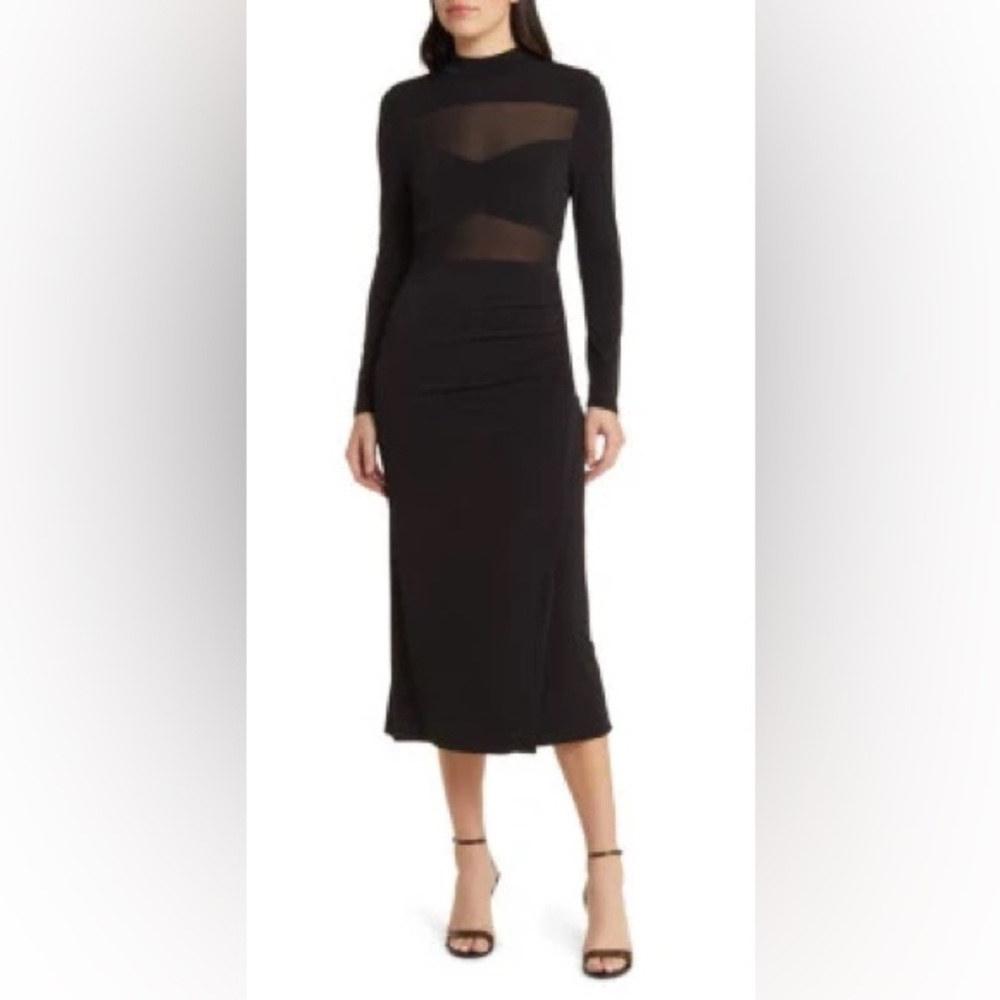 Elegant Black Long Sleeve Midi Dress With Side Slit Women’s Size Large